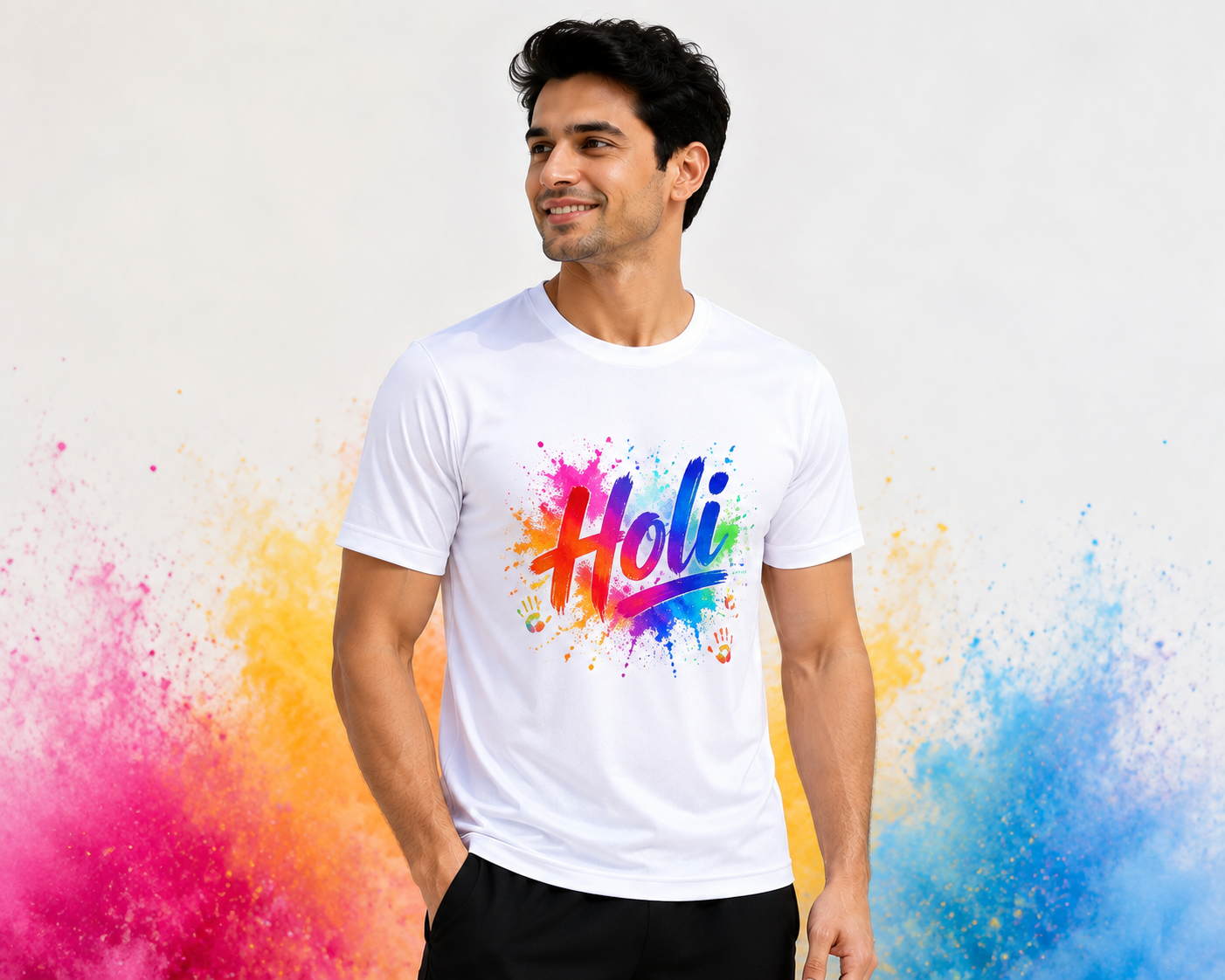 XAUVA Fashion Happy Holi Polyester Round Neck T-Shirt | 110 GSM White Promotional T-Shirt