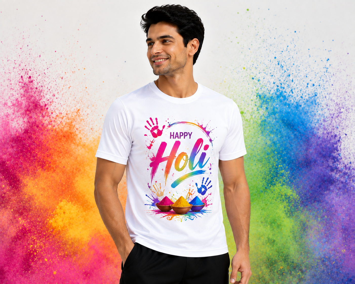 XAUVA Fashion Happy Holi Polyester Round Neck T-Shirt | 110 GSM White Promotional T-Shirt