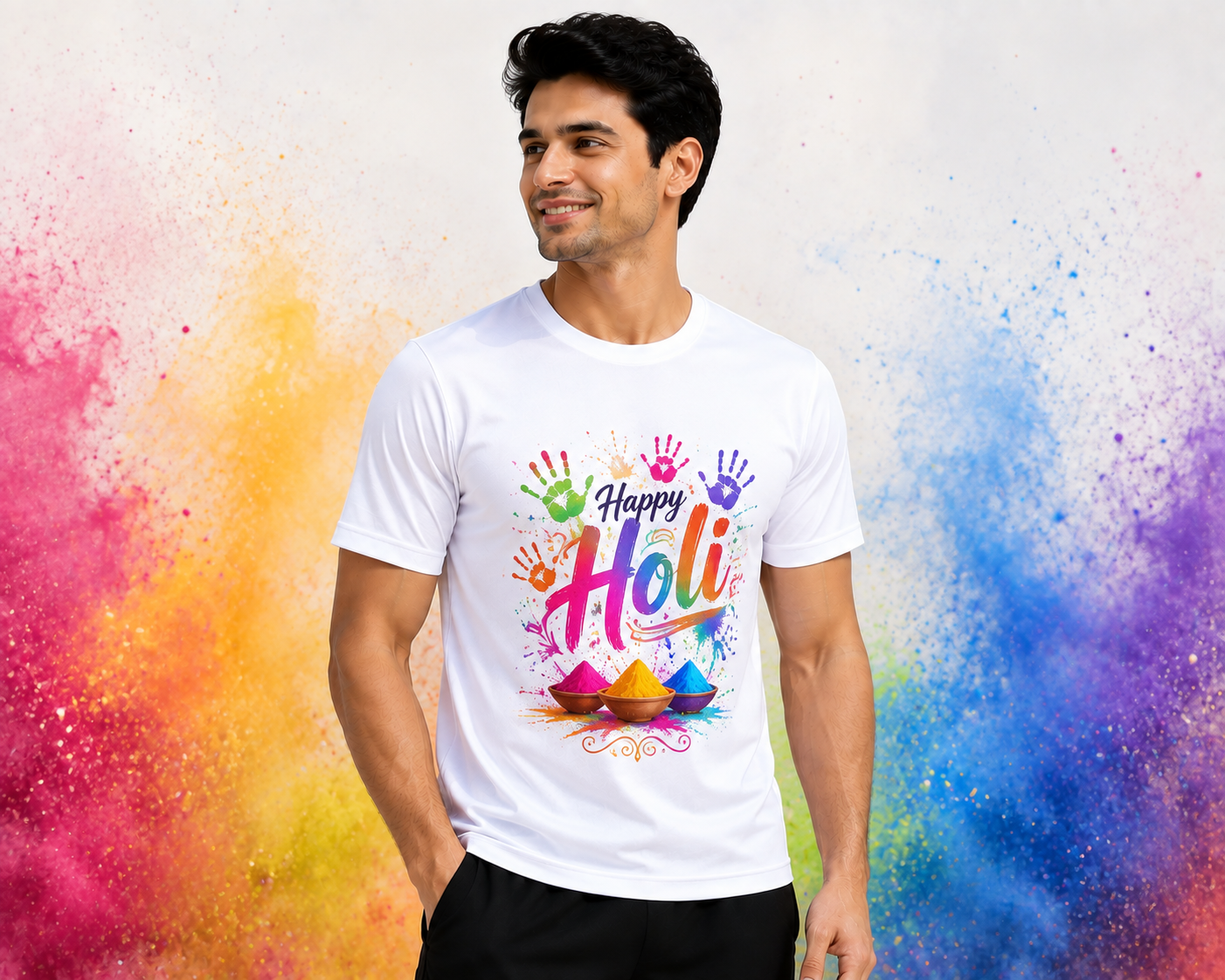 XAUVA Fashion Happy Holi Polyester Round Neck T-Shirt | 110 GSM White Promotional T-Shirt