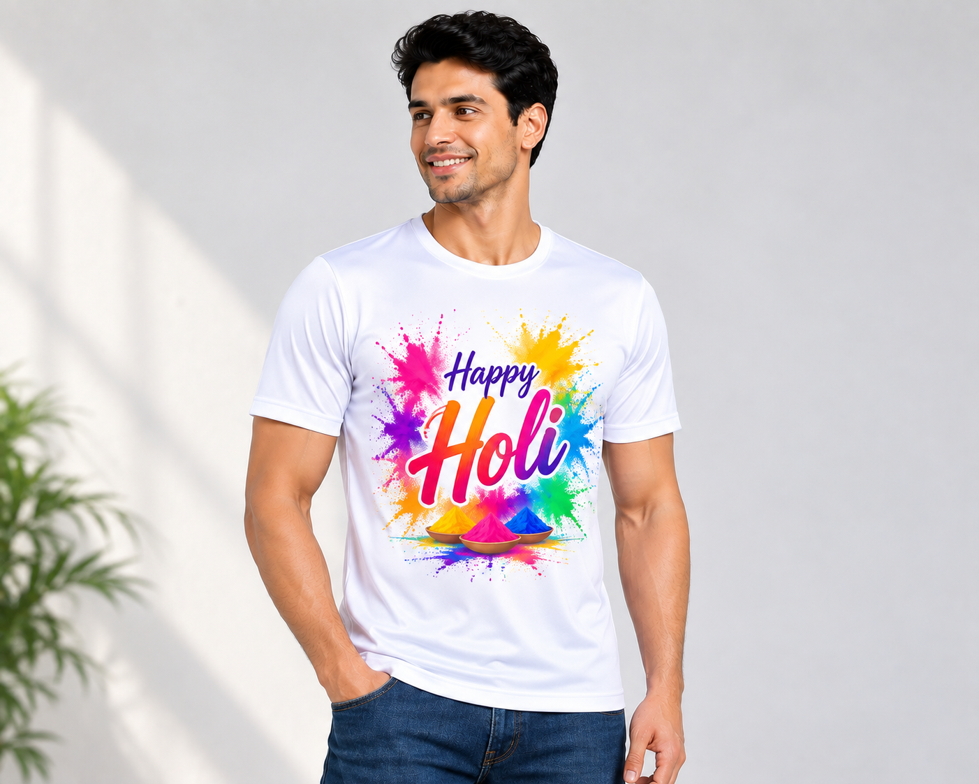 XAUVA Fashion Happy Holi Polyester Round Neck T-Shirt | 110 GSM White Promotional T-Shirt